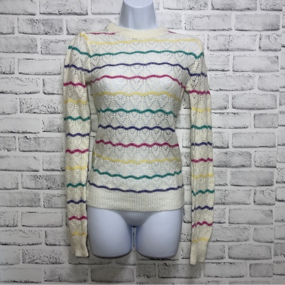 M. Rena Sweaters - Vintage M.Rena White Rainbow Striped Breathable Mohair Blend Crew Neck Sweater S